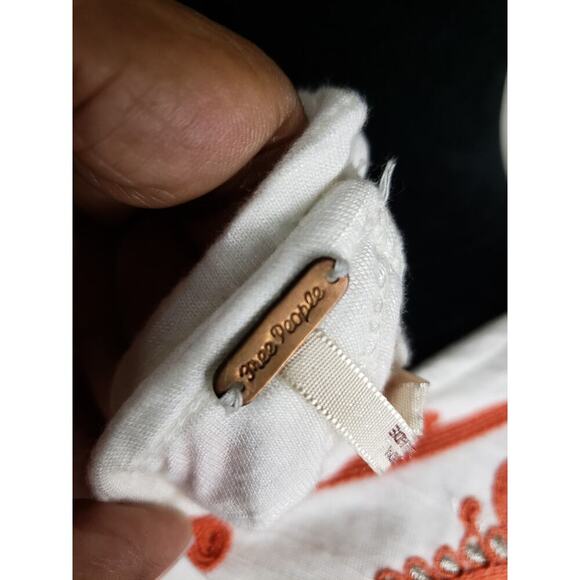 Free People Top Women XS White Orange Embroidered Boho Keyhole Cotton - Picture 11 of 14